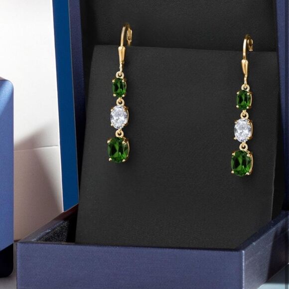 18K Yellow Gold with 5.50 Cttw 3 Stone Green Chrome Diopside and Topaz Earrings - Picture 4 of 5